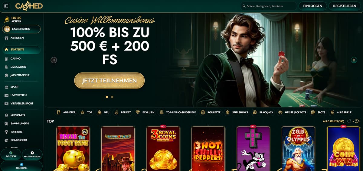 Eine elegante Cashed Online-Casino-Homepage mit dunklem Design und neon-grünen Akzenten, die einen 200% Bonus, Kryptowährungsintegration und verschiedene Glücksspieloptionen wie Slots, Live-Casino und Sportwetten bewirbt.
